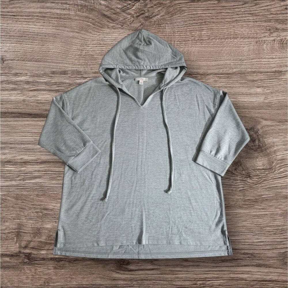 Como Vintage Womens XL Gray 3/4 Sleeve Hooded Vneck Pullover Sweatshirt Blouse